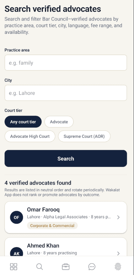 Wakalat app: search verified advocates